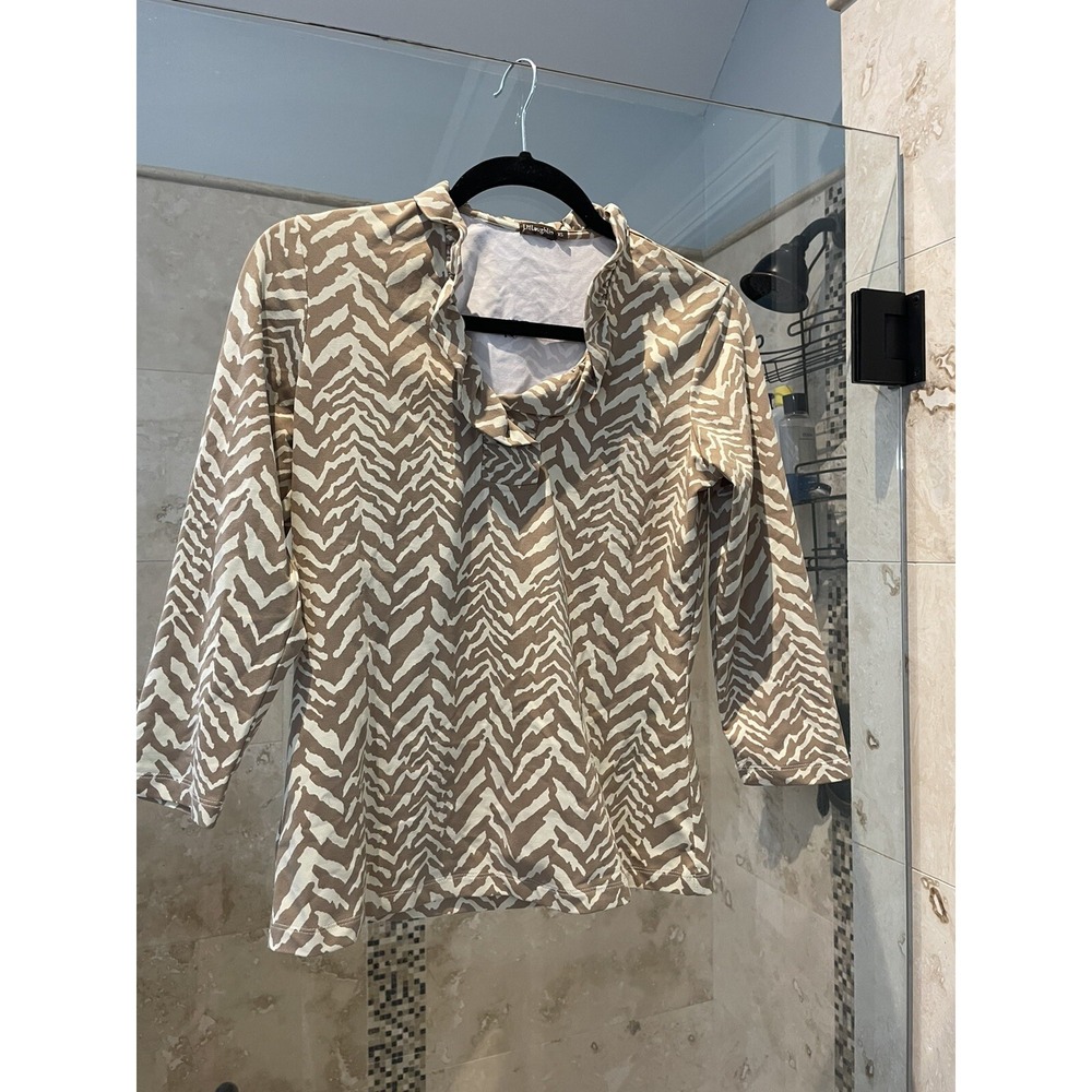 J. McLaughlin Ruffle Tan Animal Print 3/4 sleeve TOP Xs Catalina cloth